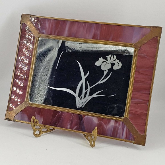 Vintage Pink Swirl Slag Stained Glass Mirror w/ frosted flower & velvet backing - Picture 2 of 4